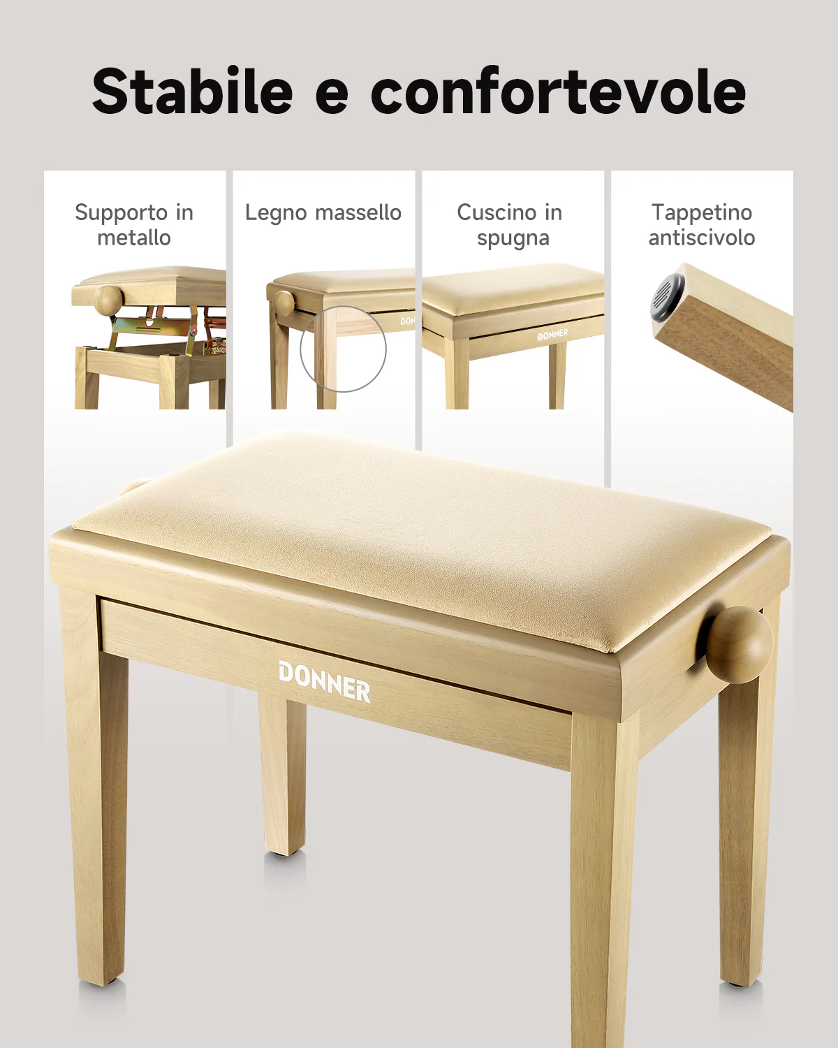 Donner Sgabello per pianoforte regolabile in altezza,beige opaco - Image 3