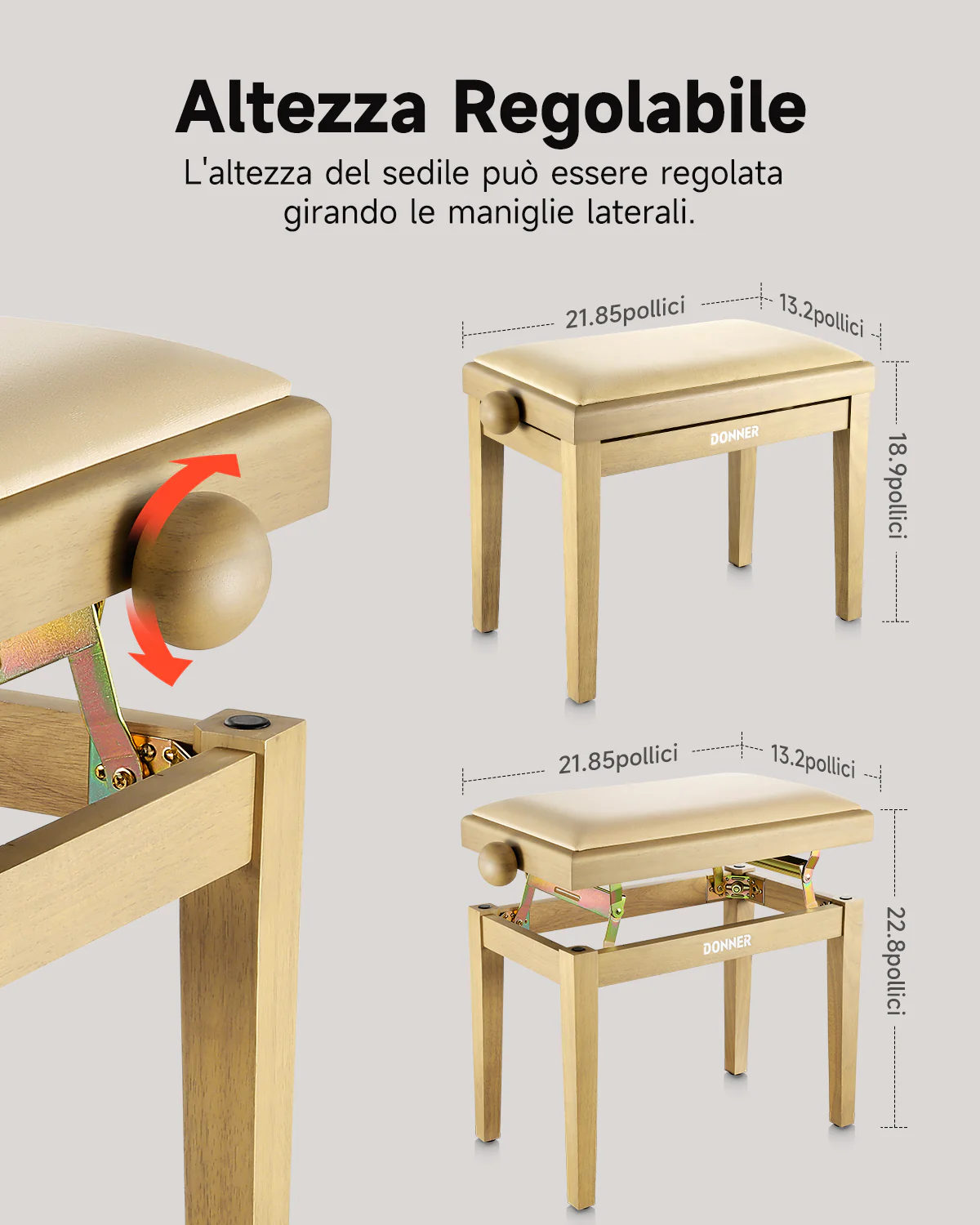 Donner Sgabello per pianoforte regolabile in altezza,beige opaco - Image 5