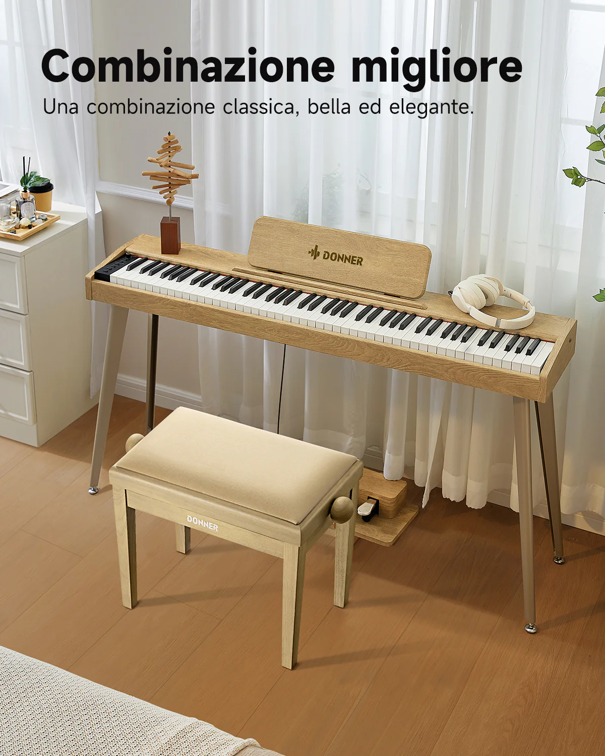 Donner Sgabello per pianoforte regolabile in altezza,beige opaco - Image 7