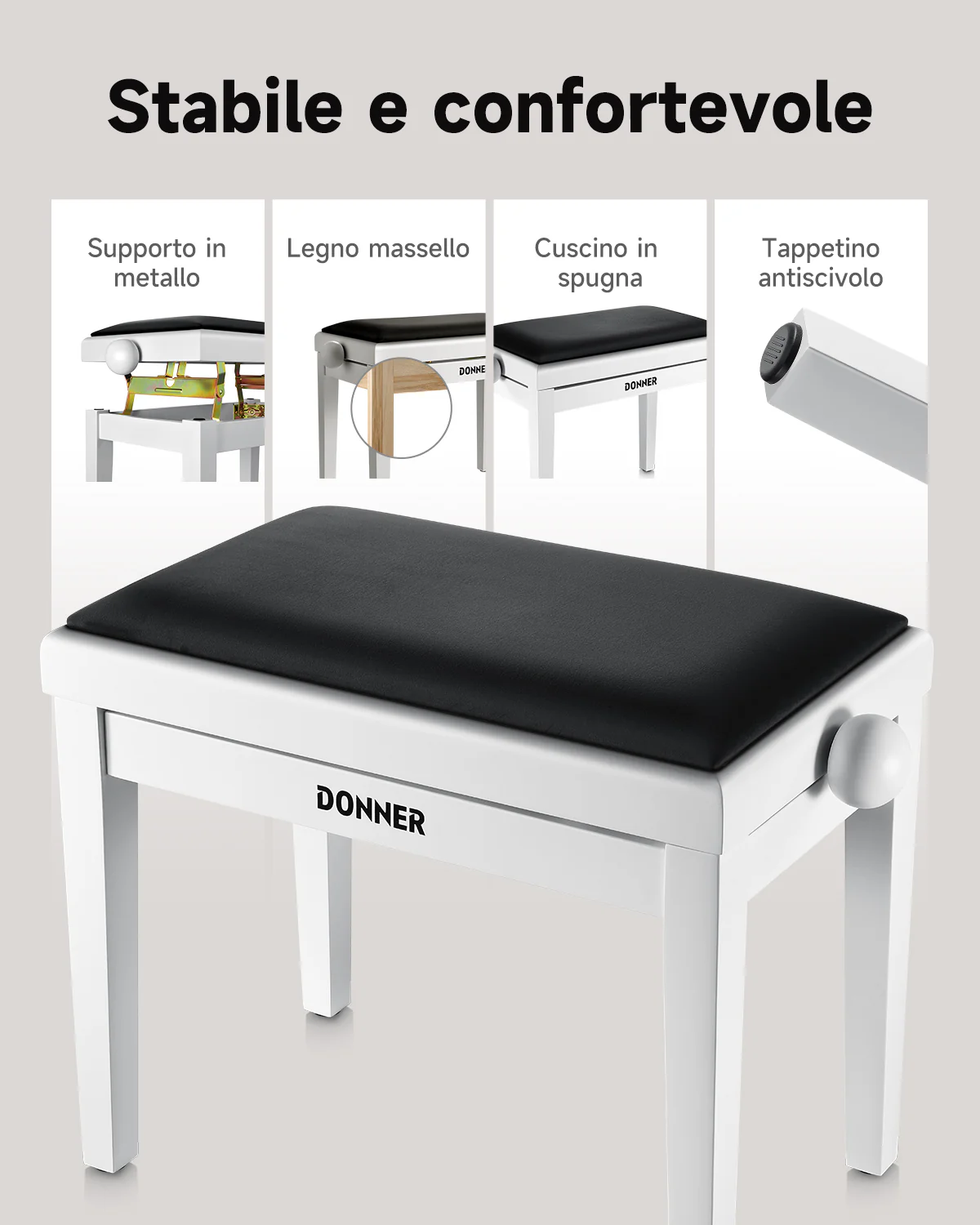 Donner Sgabello per pianoforte regolabile in altezza, bianco opaco - Image 3