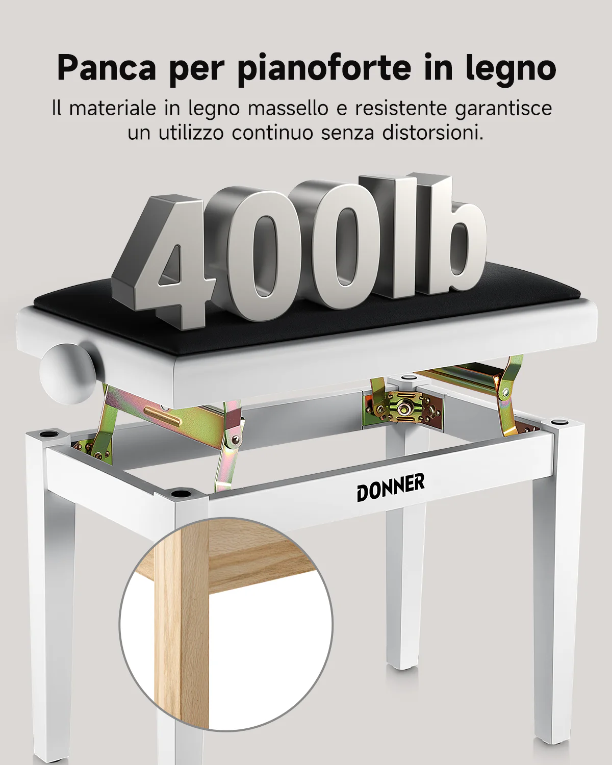 Donner Sgabello per pianoforte regolabile in altezza, bianco opaco - Image 4