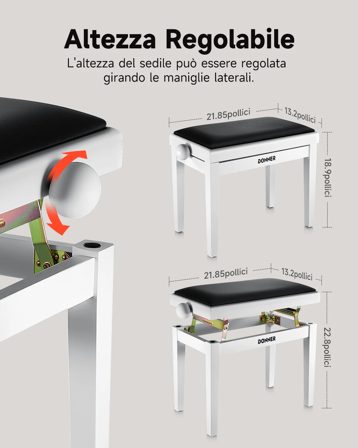 Donner Sgabello per pianoforte regolabile in altezza, bianco opaco - Image 5