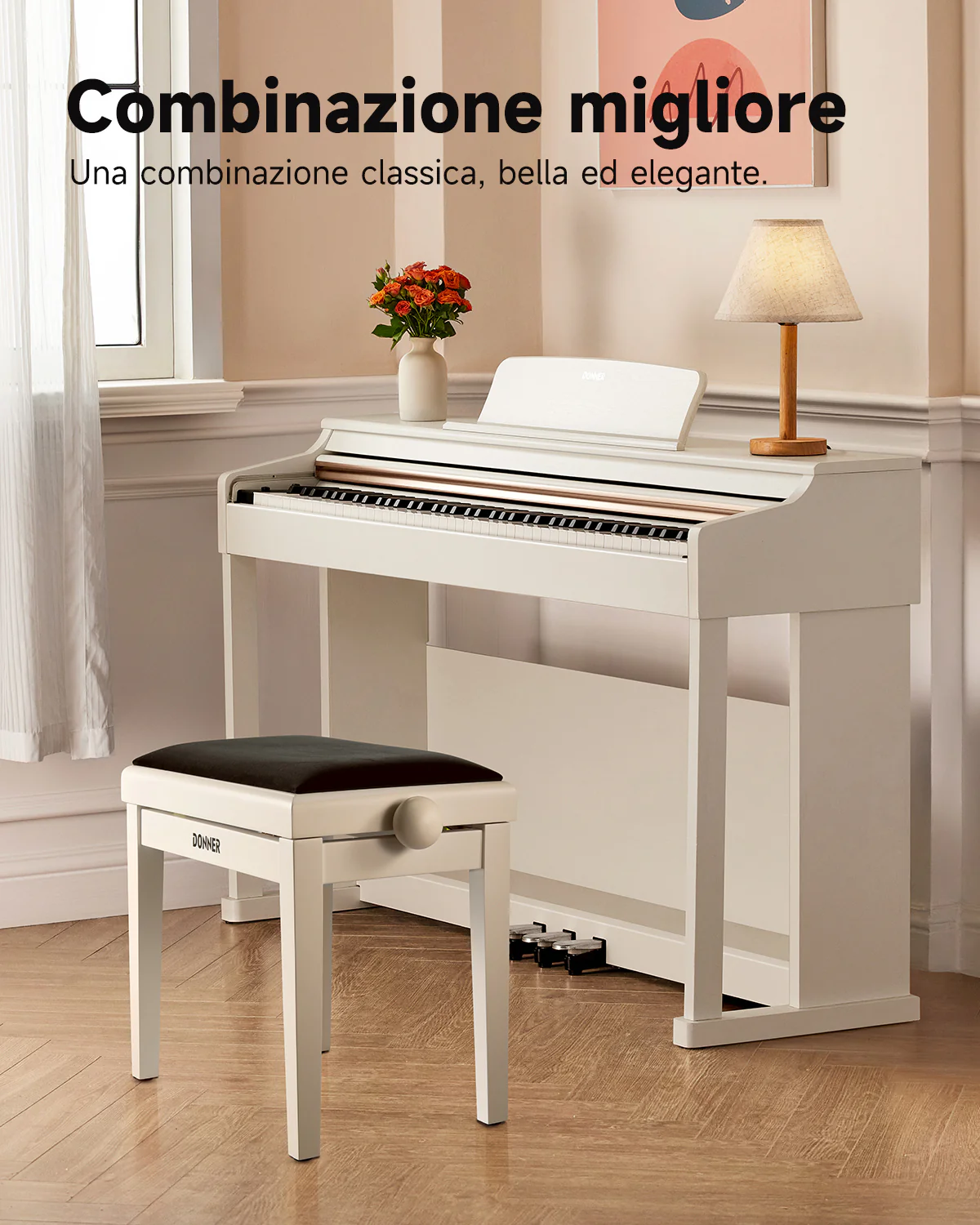 Donner Sgabello per pianoforte regolabile in altezza, bianco opaco - Image 7